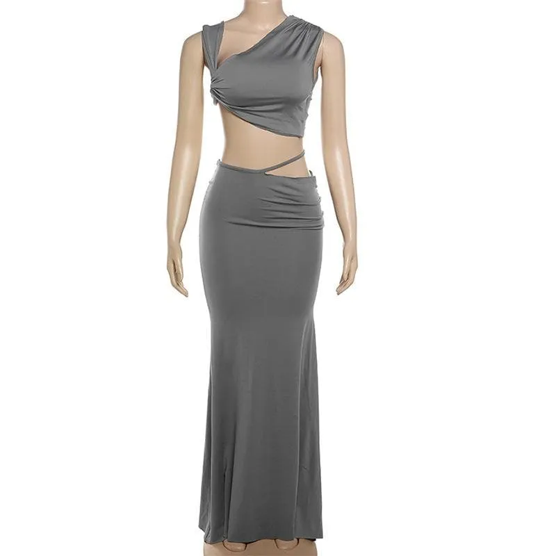 Ruched irregular solid crop maxi skirt set