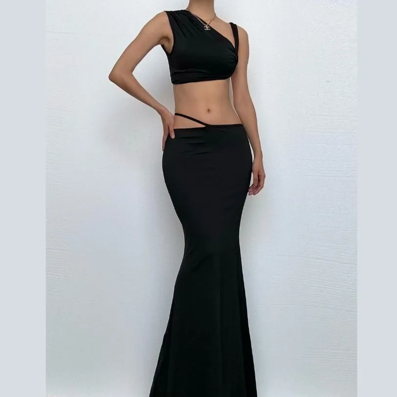 Ruched irregular solid crop maxi skirt set