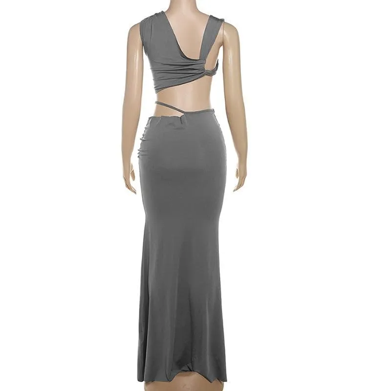 Ruched irregular solid crop maxi skirt set