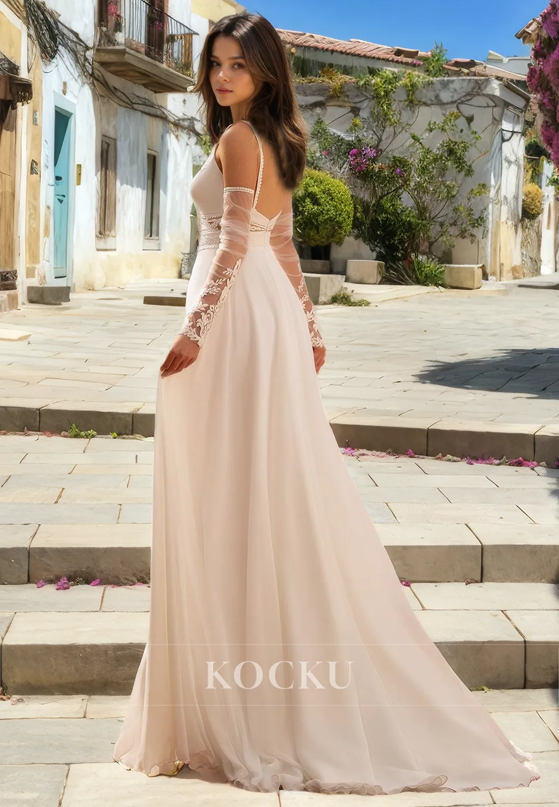 Sexy & Hot Spaghetti Straps V-Neck A-Line Split Backless Wedding Dress