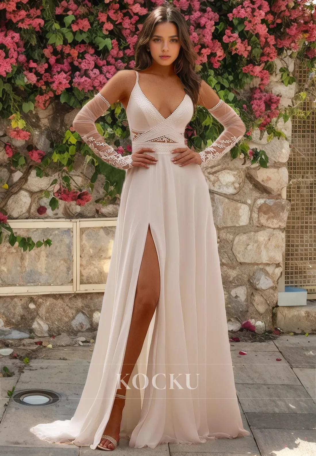 Sexy & Hot Spaghetti Straps V-Neck A-Line Split Backless Wedding Dress