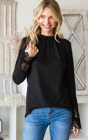 shirred  mock neck lace sleeve top