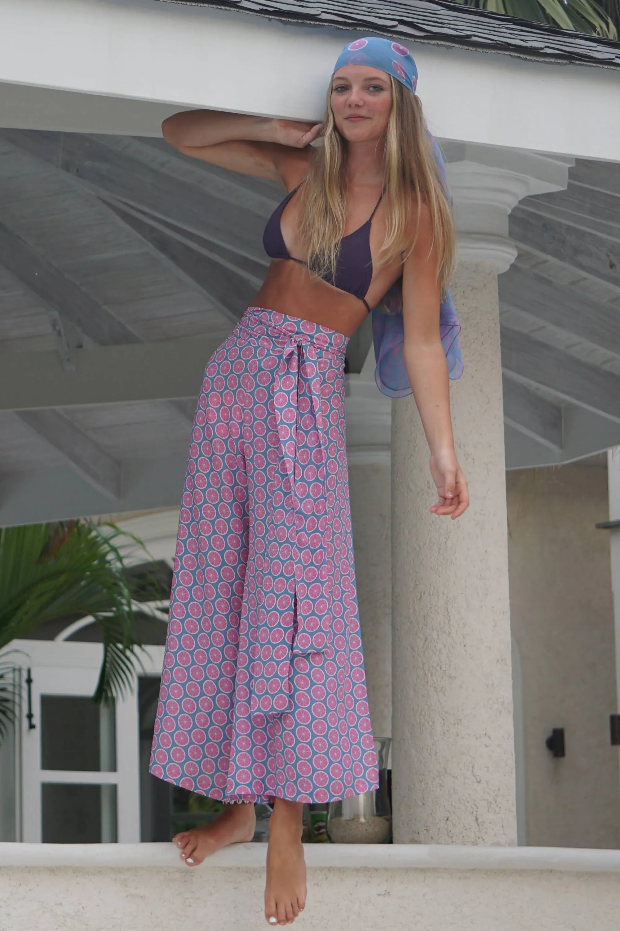 Silk Gabija Palazzo Pants: LIME SLICE - BLUE / PINK