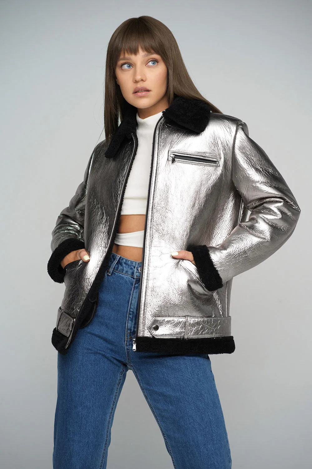 Silver Merino Shearling Leather Jacket