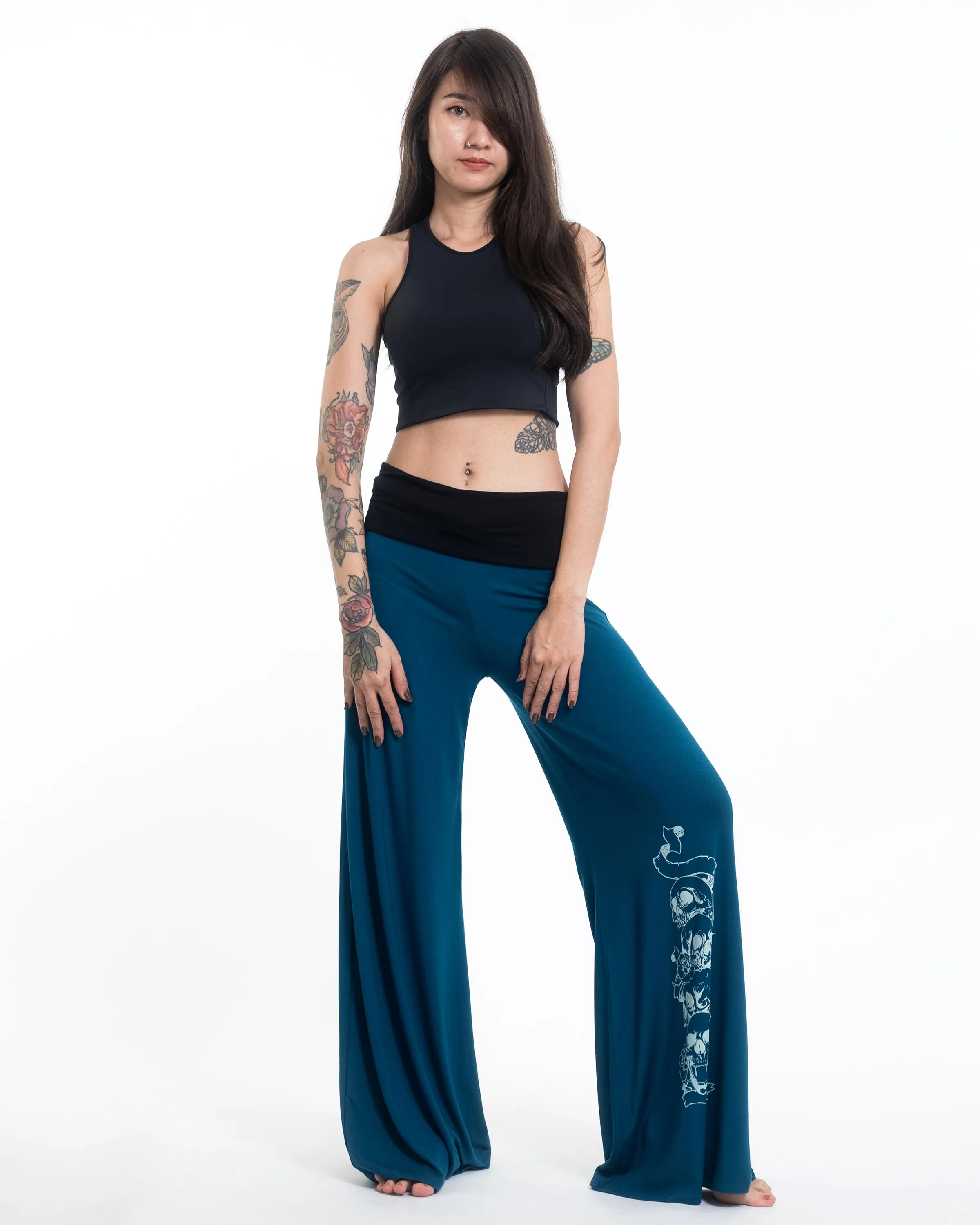 Skulls Spandex Wide Leg Palazzo Pants in Turquoise