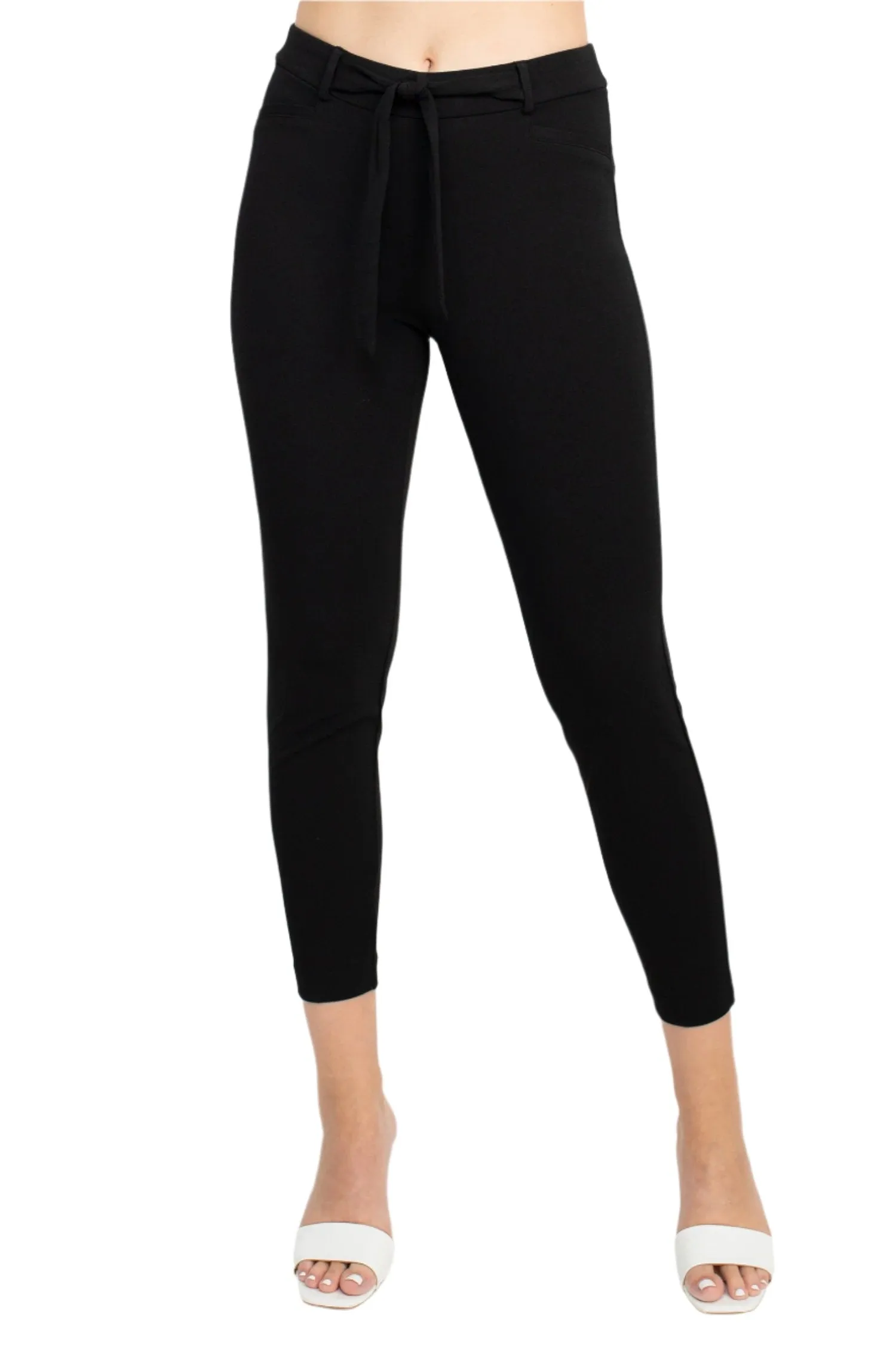 Soho Mid Waist Tie Front Ankle Length Crepe Pant with Mock Pocket