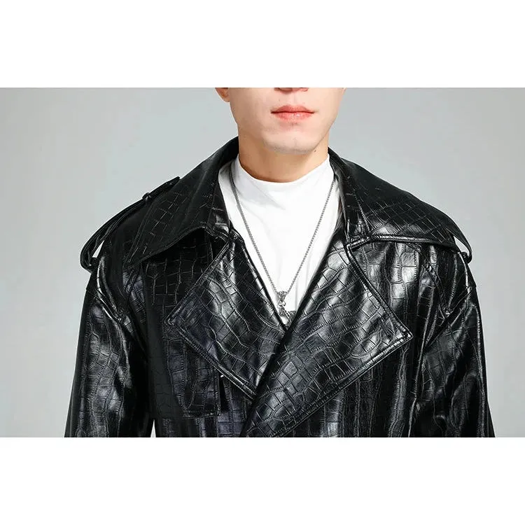 Solid Black Crocodile Print Pu Leather Coat