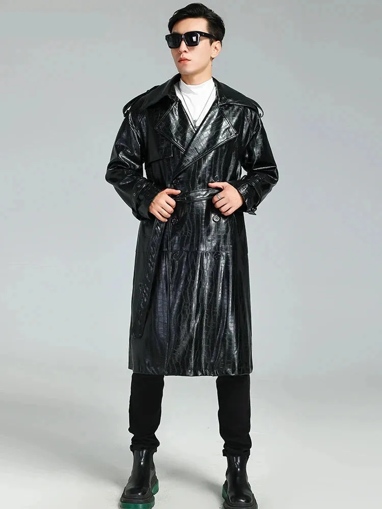 Solid Black Crocodile Print Pu Leather Coat