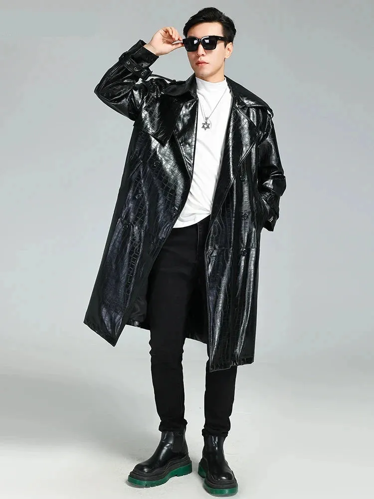 Solid Black Crocodile Print Pu Leather Coat