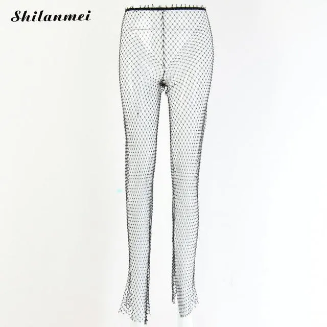 Sparkle High Waist Leggings Pants Embellished Mesh Diamante