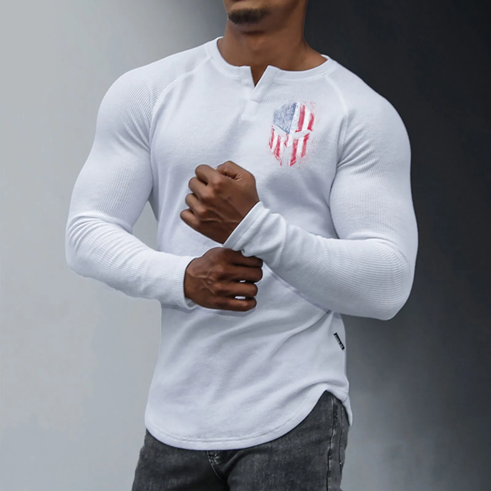 SPARTA WAFFLE GRAPHIC HENLEY NECK LONG SLEEVE T-SHIRT