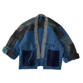 Stitching Knitted Japan Blue V-neck M-length Coat Loose Cardigan