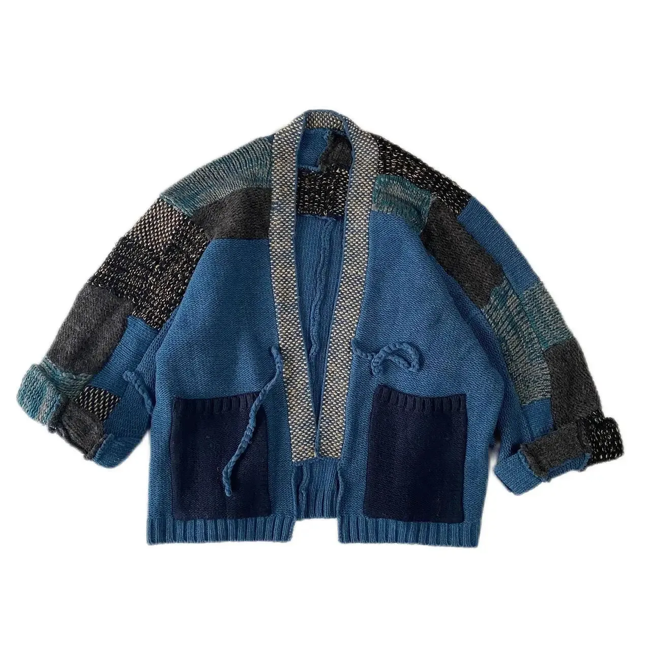 Stitching Knitted Japan Blue V-neck M-length Coat Loose Cardigan