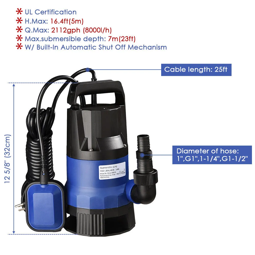 Submersible Dirty Water Pump w/ Float, 1/2HP 400W