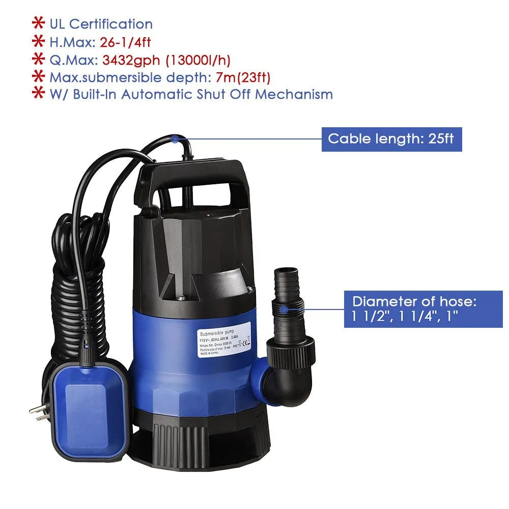 Submersible Dirty Water Pump w/ Float, 1HP 750W