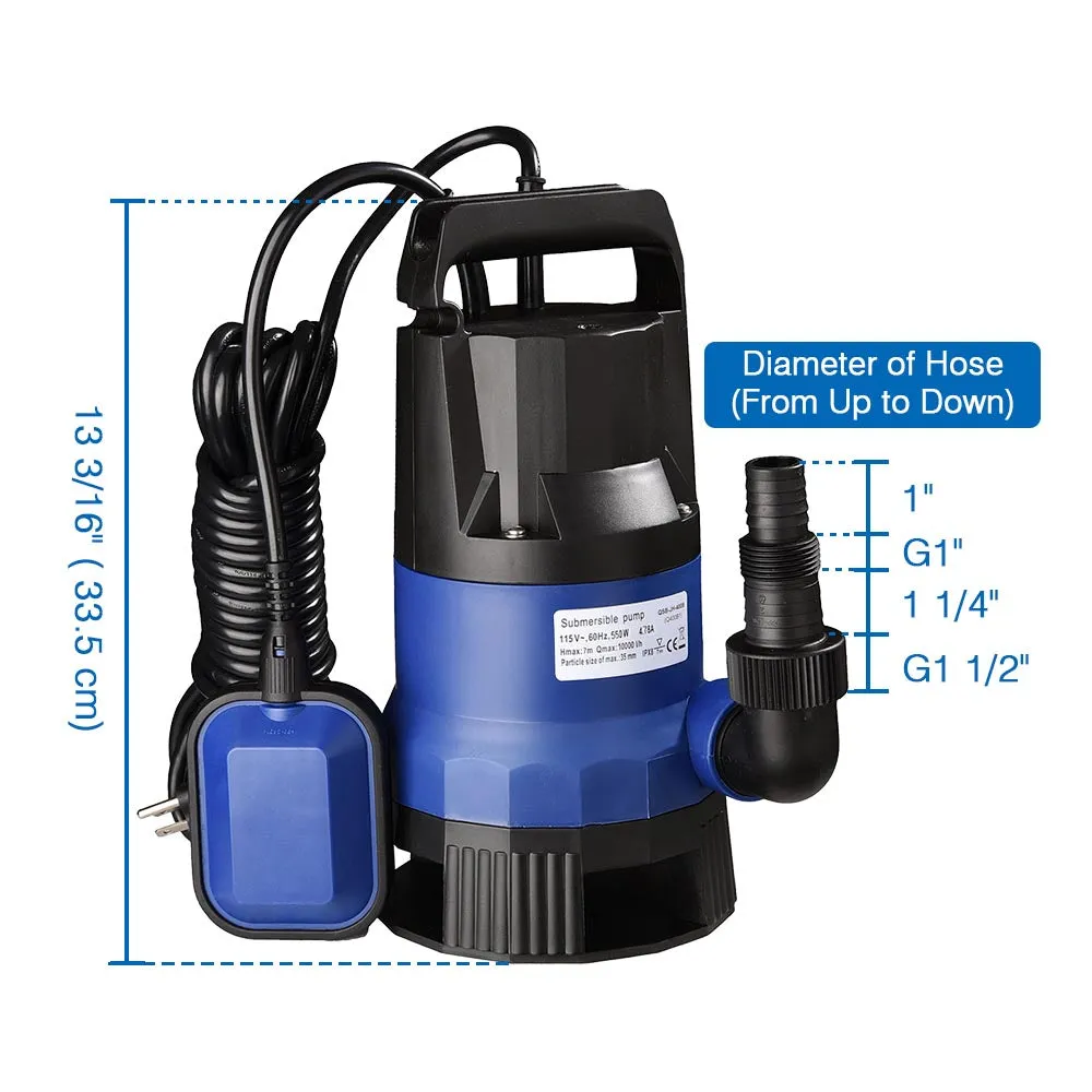 Submersible Dirty Water Pump w/ Float, 3/4HP 550W