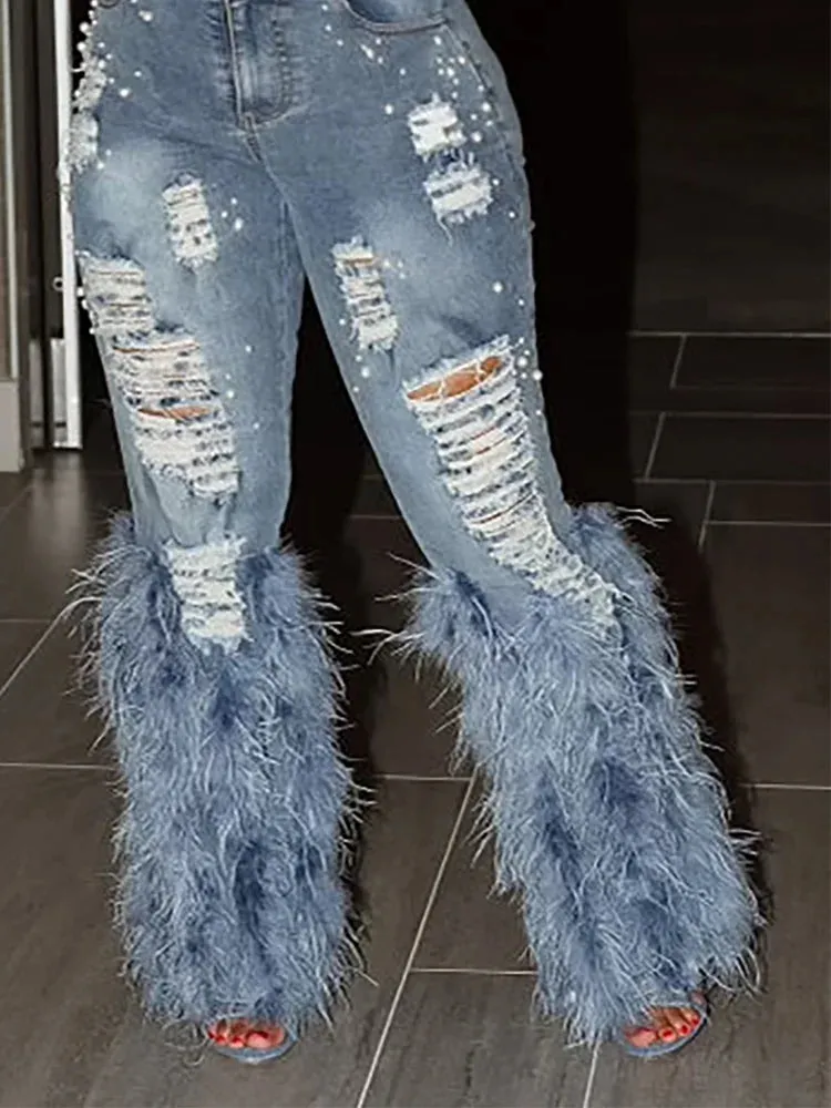 Tassel Feather High Waist Y2K Streetwear Jeans