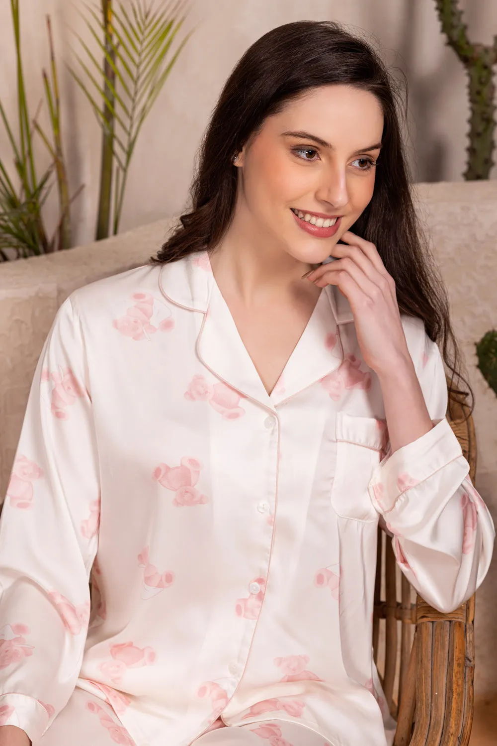 Teddy bear print Classic collar Pj set