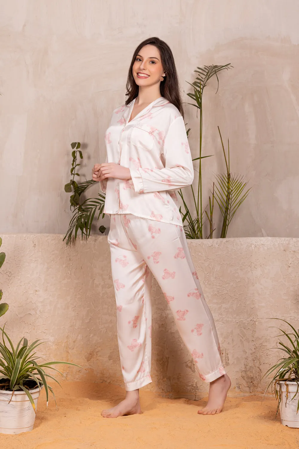 Teddy bear print Classic collar Pj set