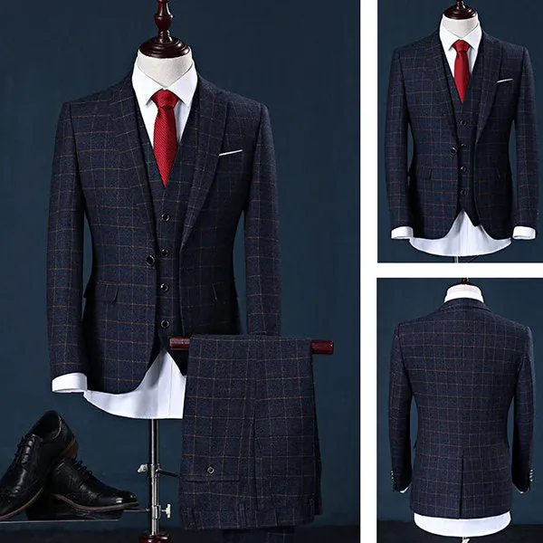 Three Pieces British Style Slim Blazers for  Plaids Gentleman Wedding Formal