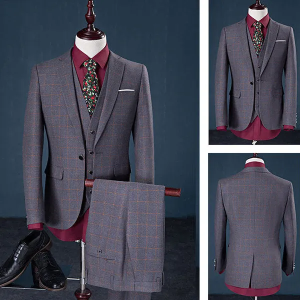 Three Pieces British Style Slim Blazers for  Plaids Gentleman Wedding Formal