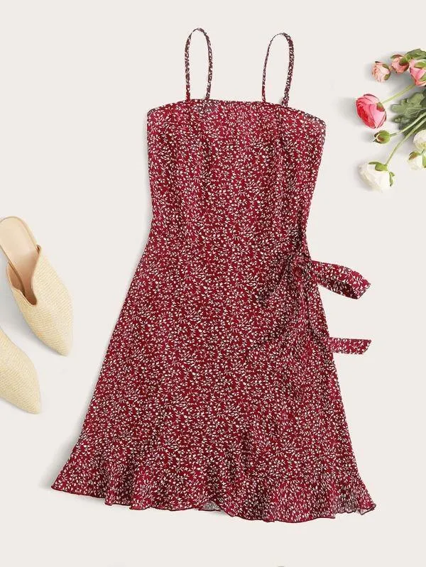 Tie Side Ruffle Trim Ditsy Floral Slip Dress