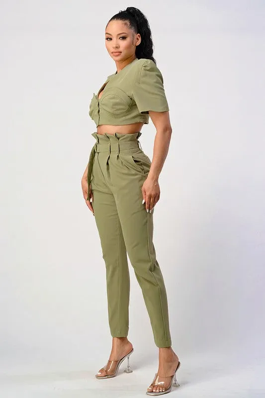 Two Piece Olive Hue Cropped Top And Belted Pant Set