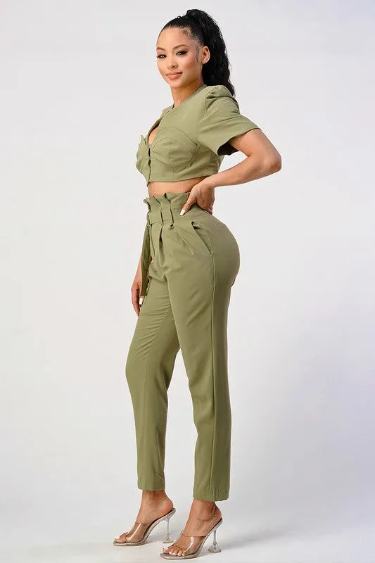 Two Piece Olive Hue Cropped Top And Belted Pant Set