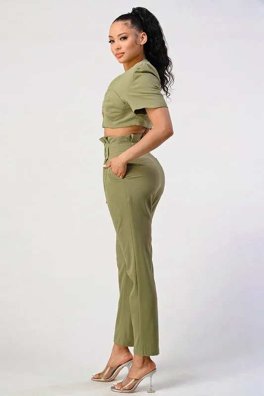 Two Piece Olive Hue Cropped Top And Belted Pant Set