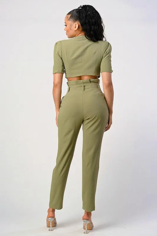 Two Piece Olive Hue Cropped Top And Belted Pant Set