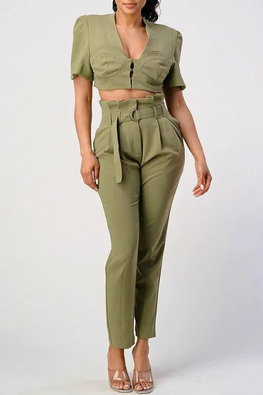 Two Piece Olive Hue Cropped Top And Belted Pant Set