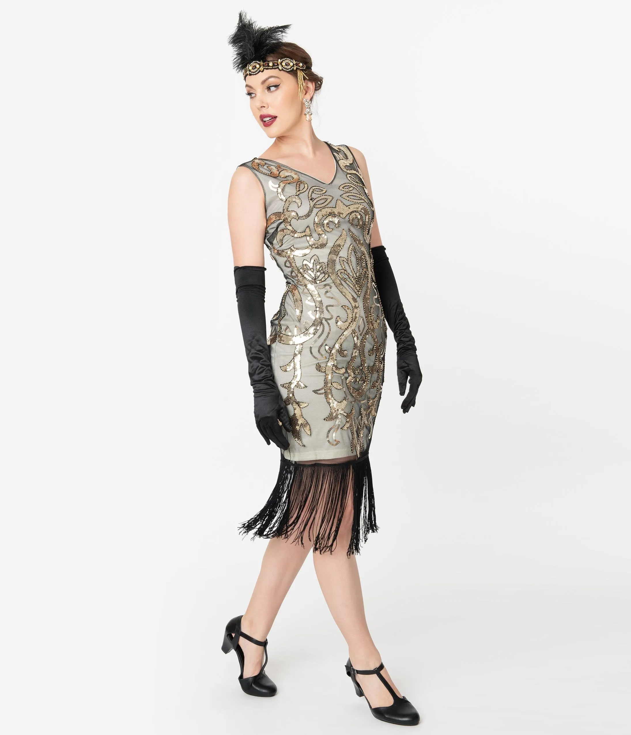 Unique Vintage 1920s Beige & Gold Sequin Bergere Flapper Dress