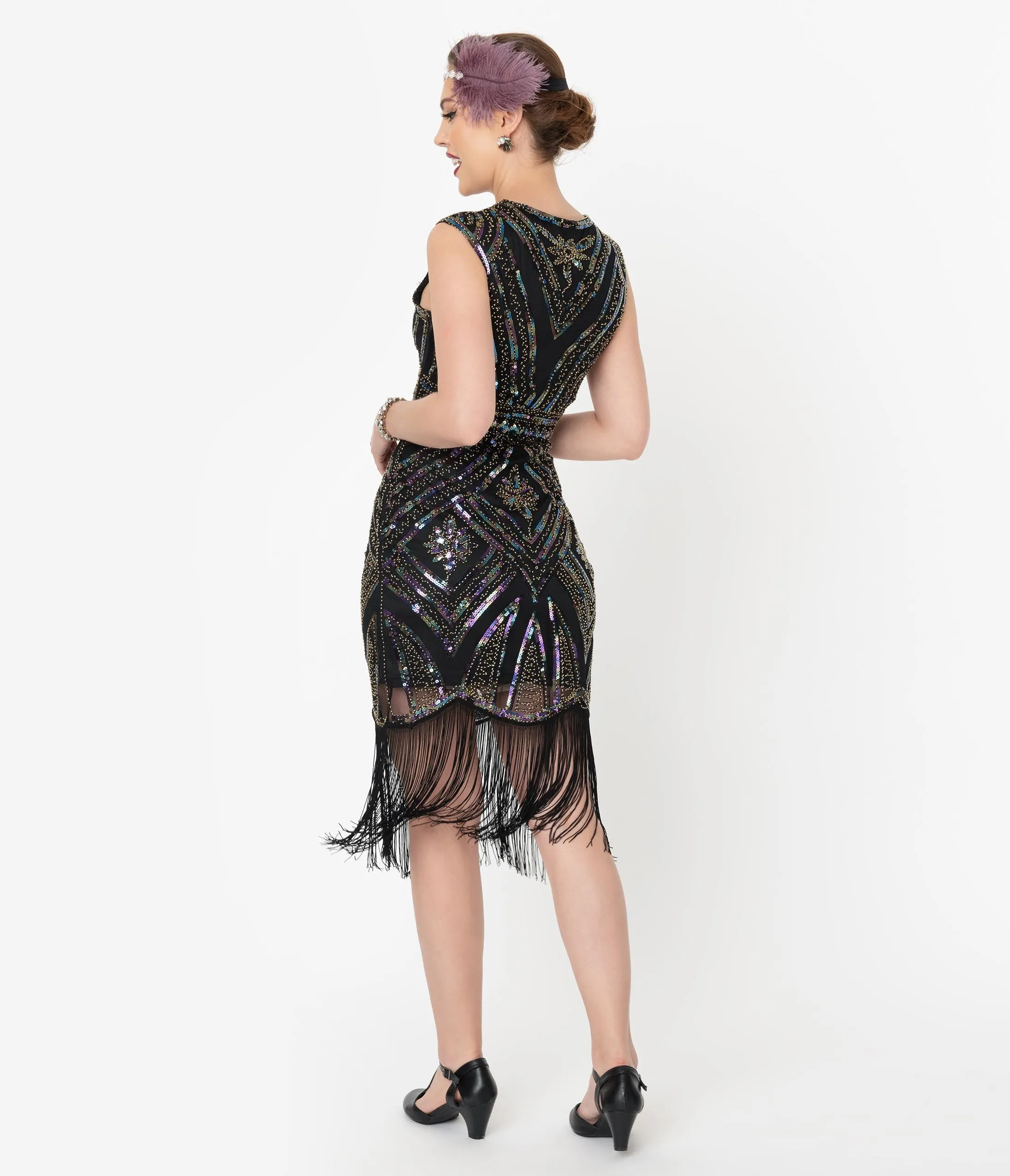 Unique Vintage 1920s Black & Iridescent Sequin Moll Flapper Dress