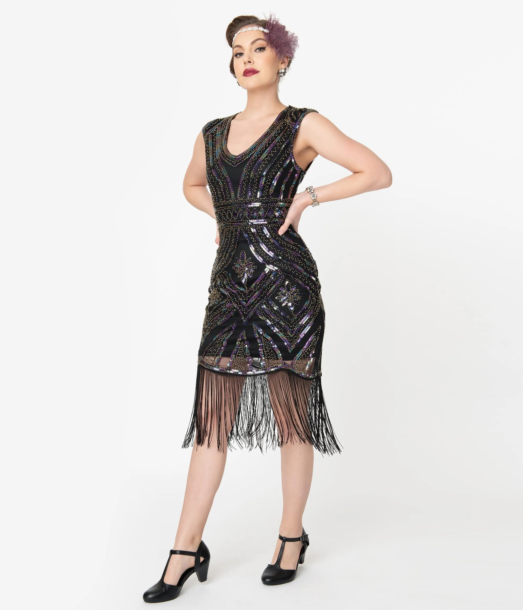 Unique Vintage 1920s Black & Iridescent Sequin Moll Flapper Dress