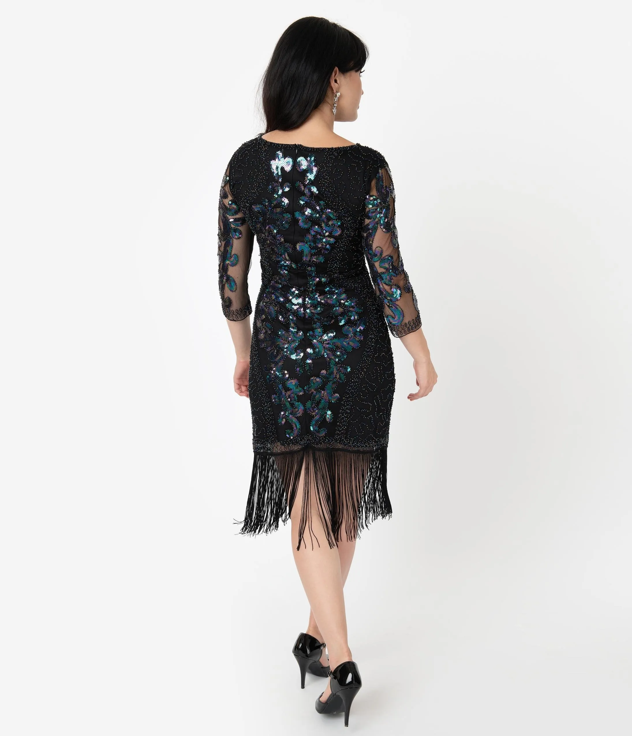 Unique Vintage 1920s Black Iridescent Sequin Cocktail Celeste Flapper Dress