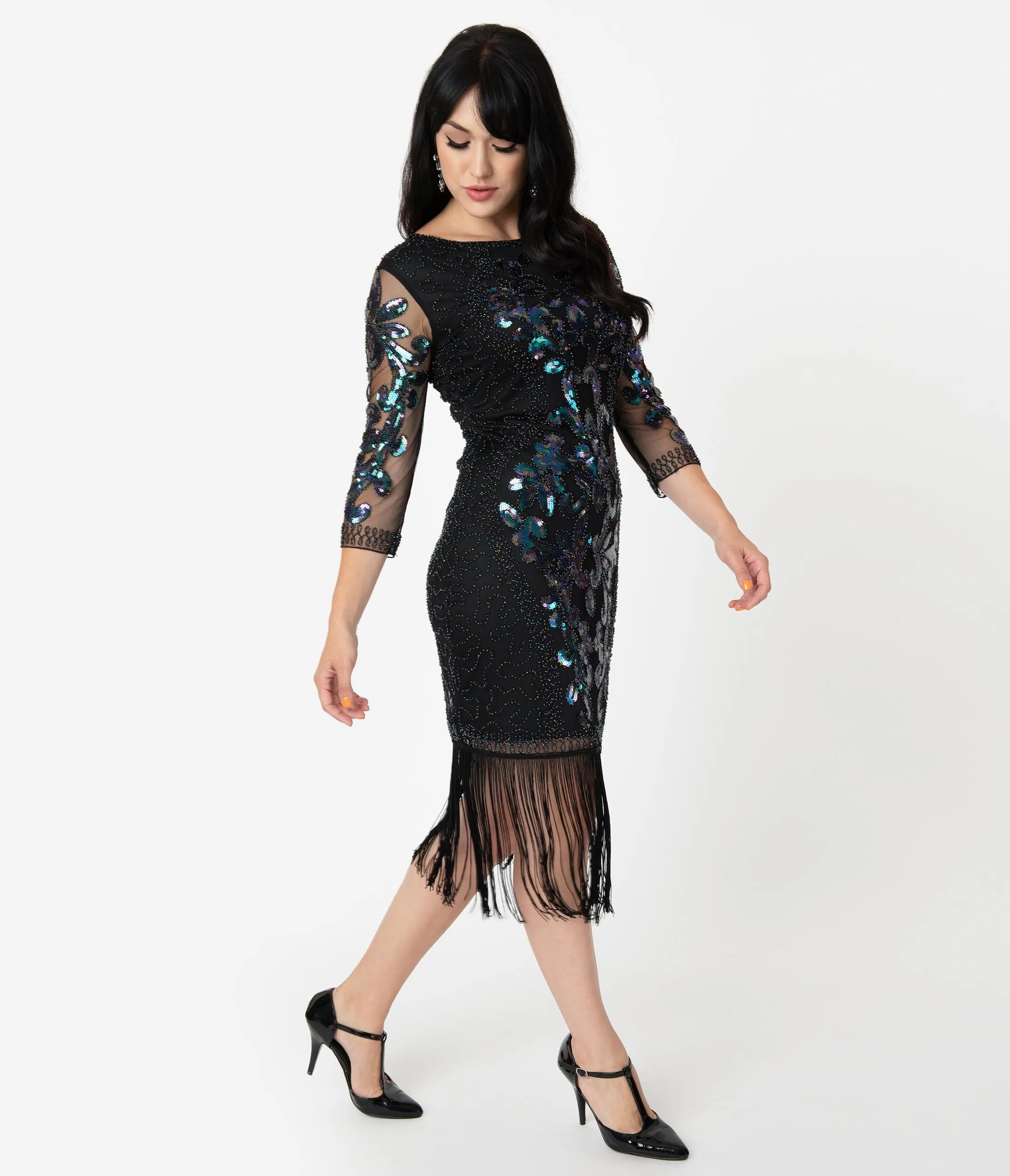 Unique Vintage 1920s Black Iridescent Sequin Cocktail Celeste Flapper Dress