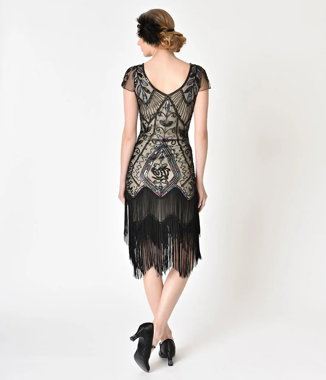 Unique Vintage 1920s Black Rose & Champagne Noele Fringe Flapper Dress