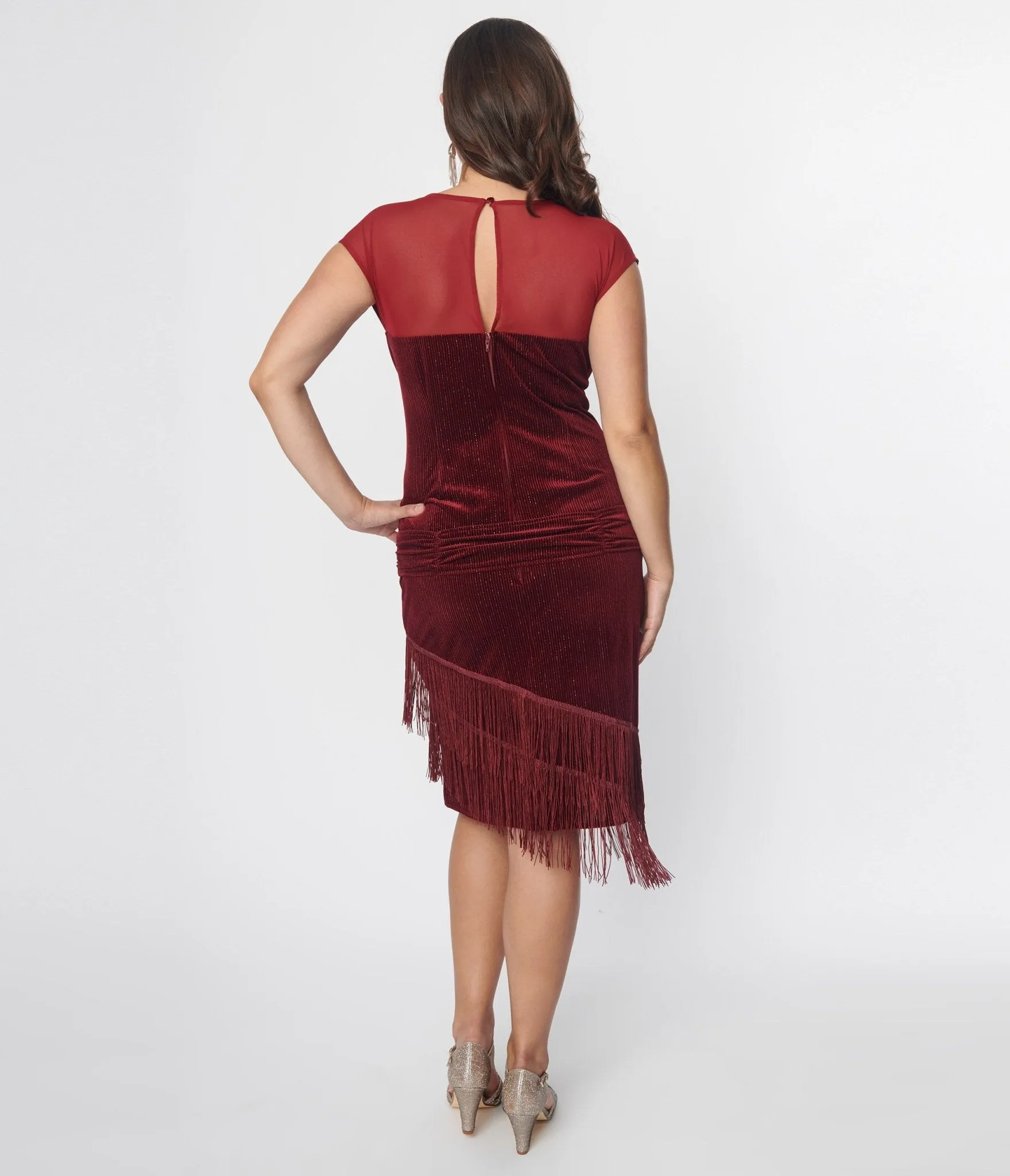 Unique Vintage 1920s Burgundy Velvet Fringe Flapper Dress