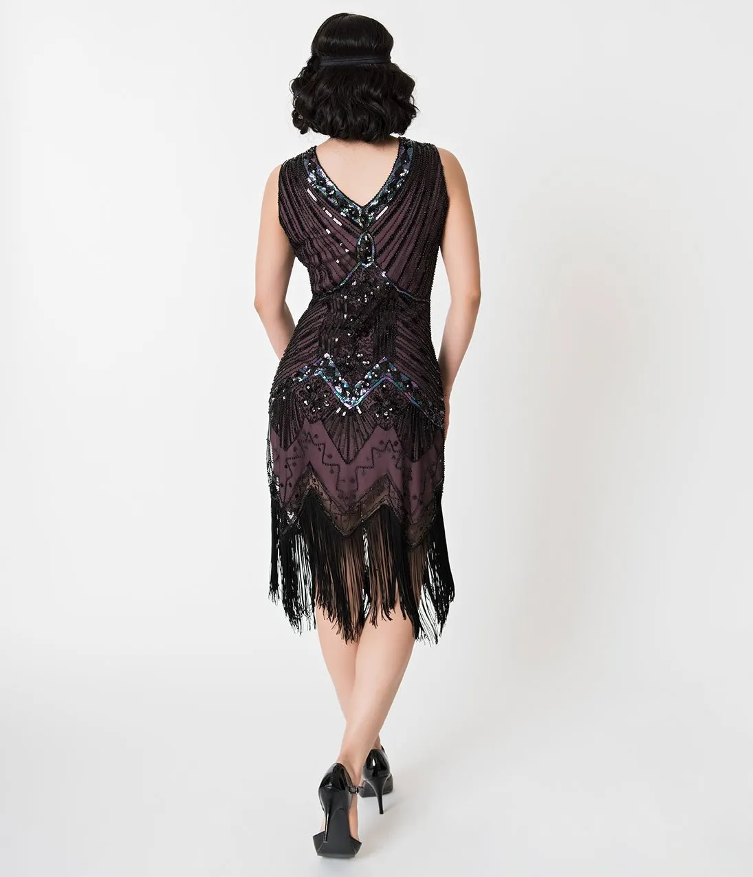 Unique Vintage 1920s Deco Purple & Black Sequin Veronique Fringe Flapper Dress