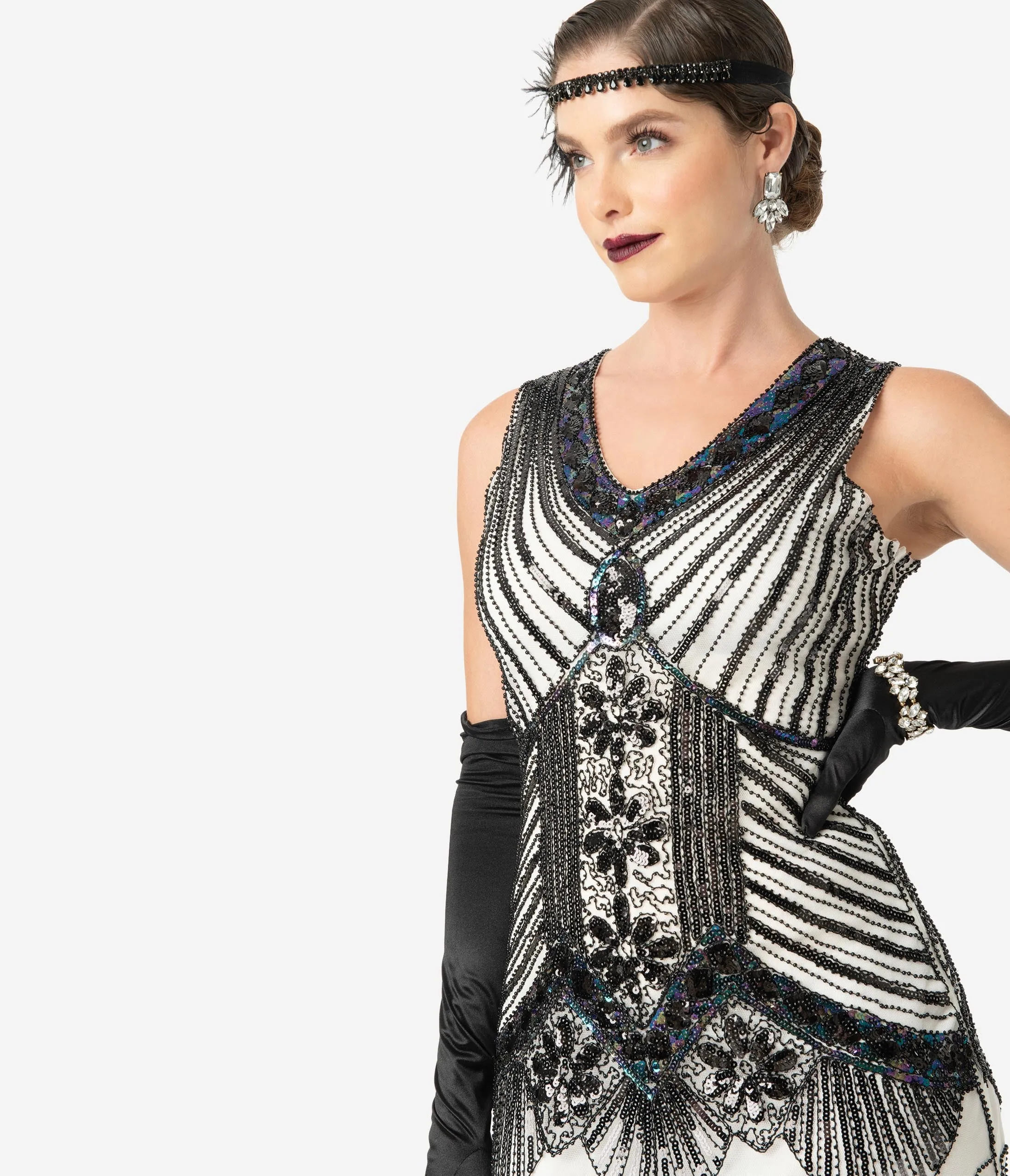 Unique Vintage 1920s Deco White & Black Sequin Veronique Fringe Flapper Dress