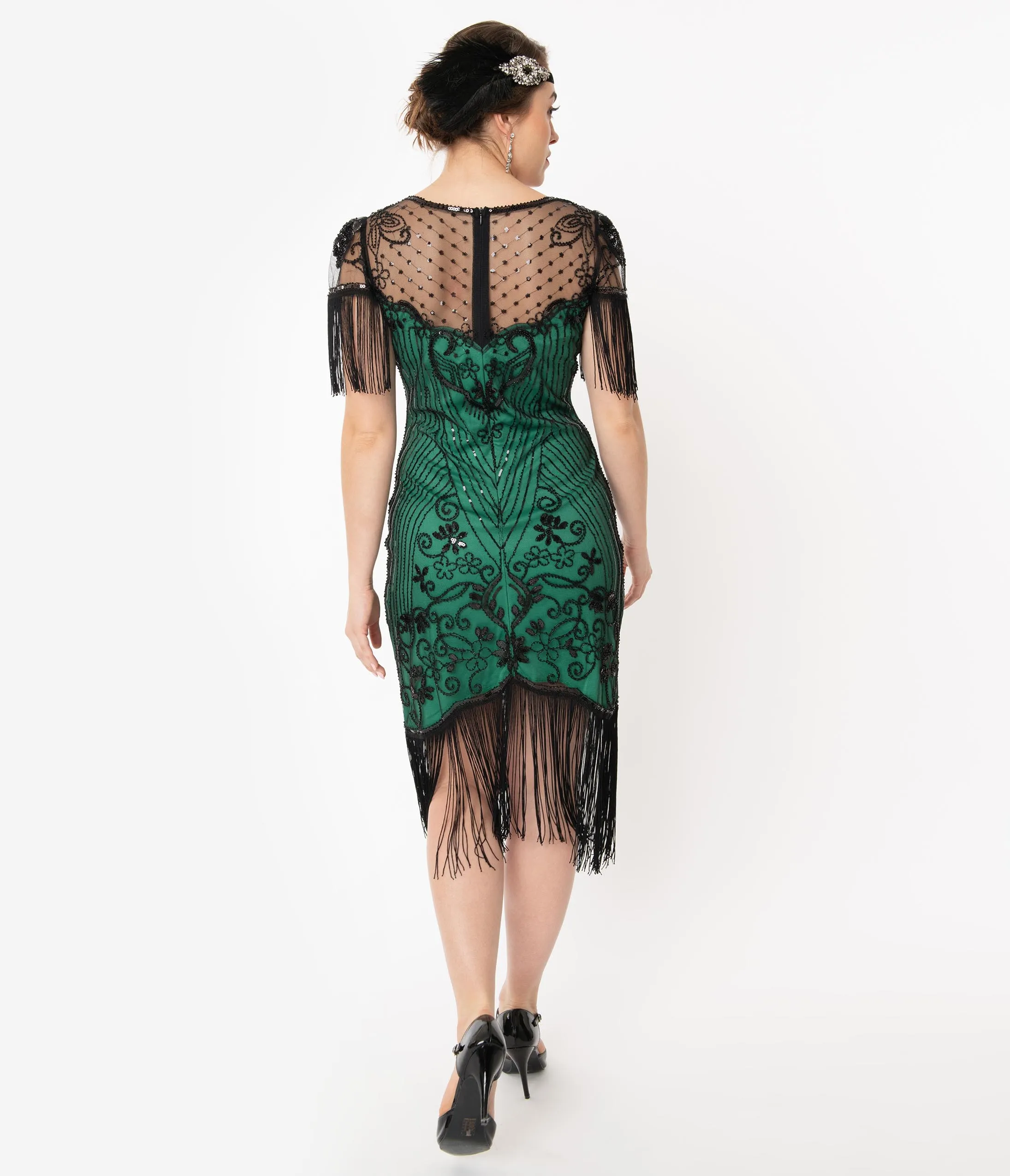 Unique Vintage 1920s Green & Black Beaded Nadine Flapper Dress