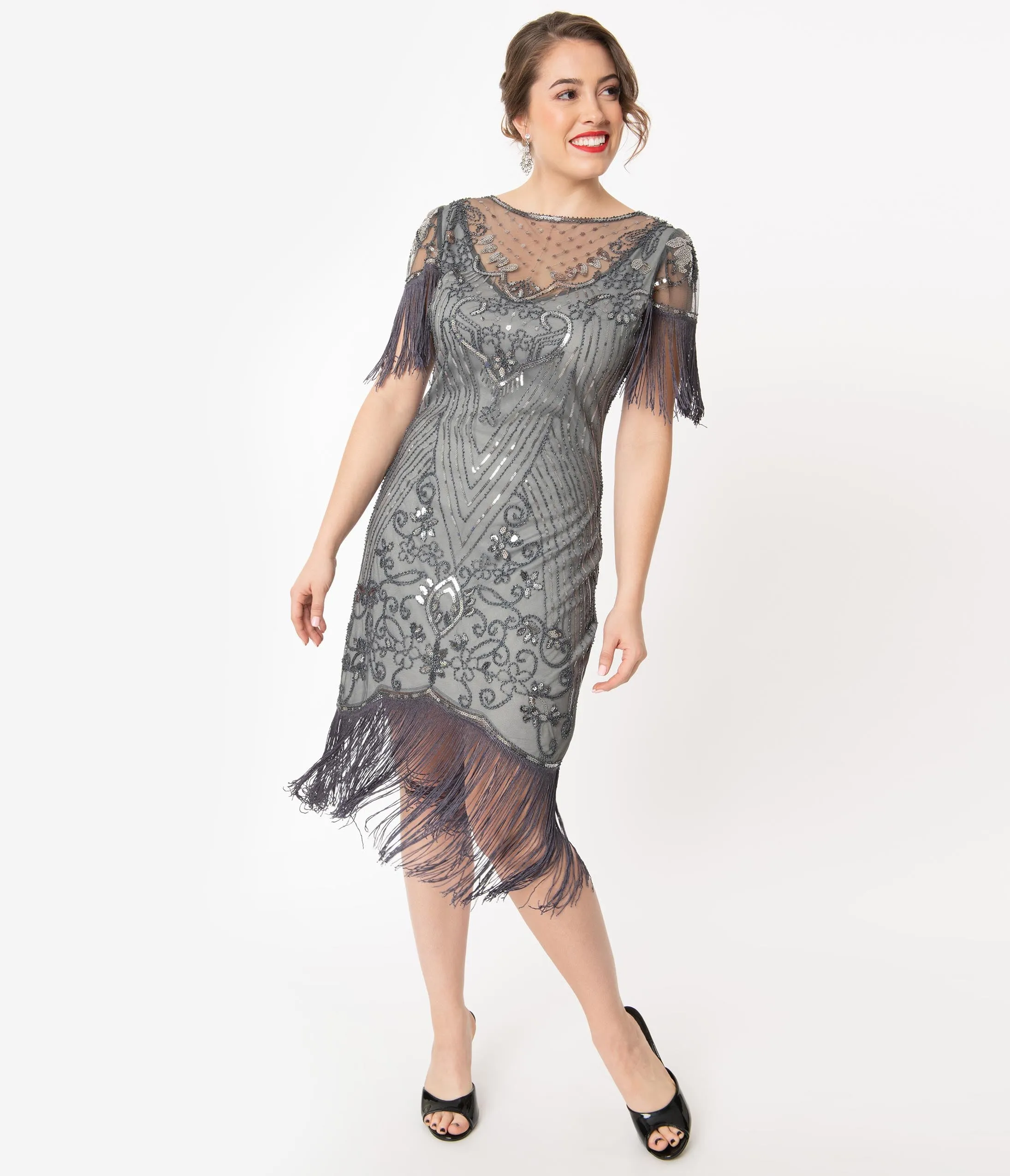 Unique Vintage 1920s Grey Beaded Nadine Flapper Dress