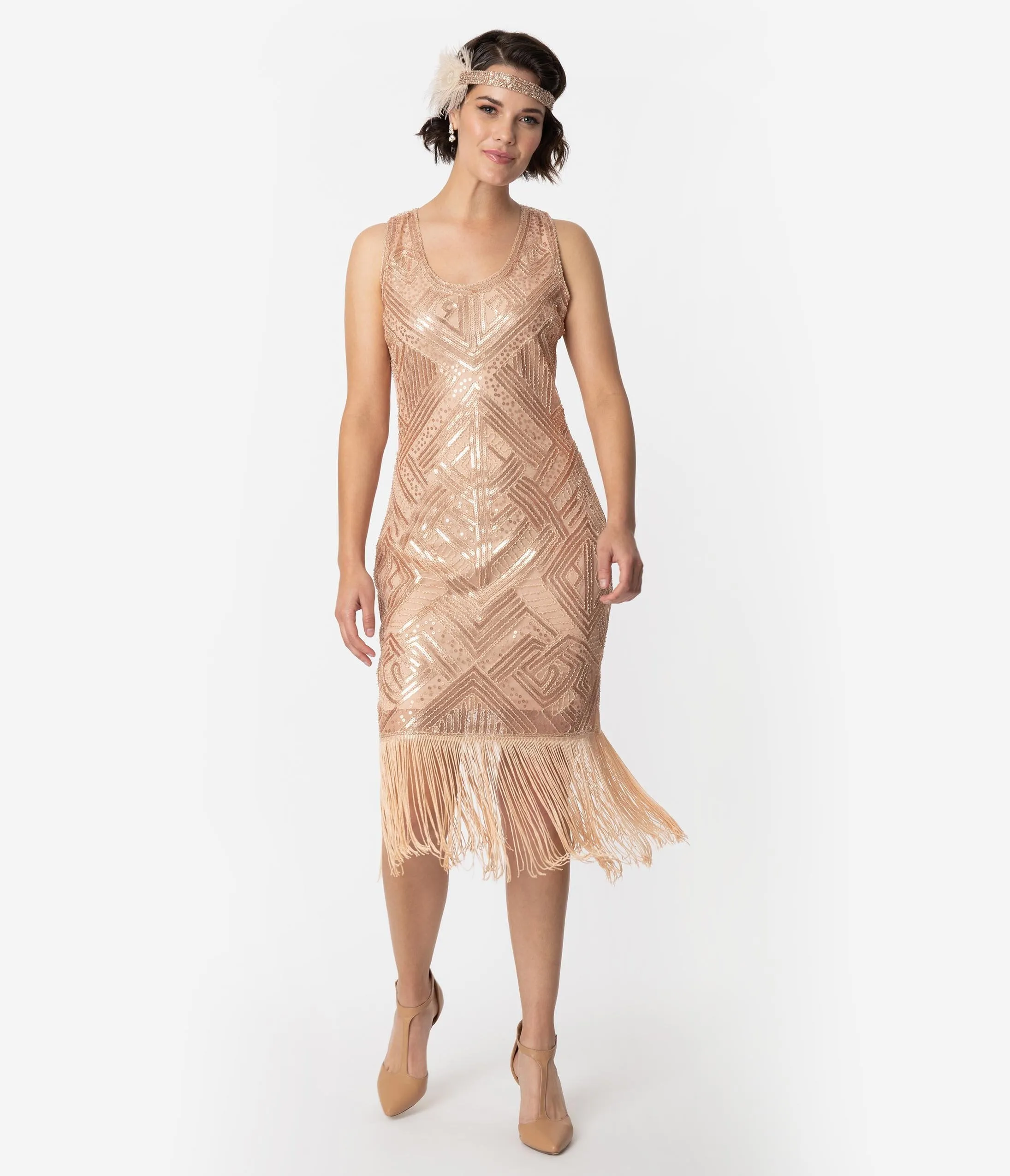 Unique Vintage 1920s Style Blush Pink Sequin Sleeveless Fringe Calais Flapper Dress