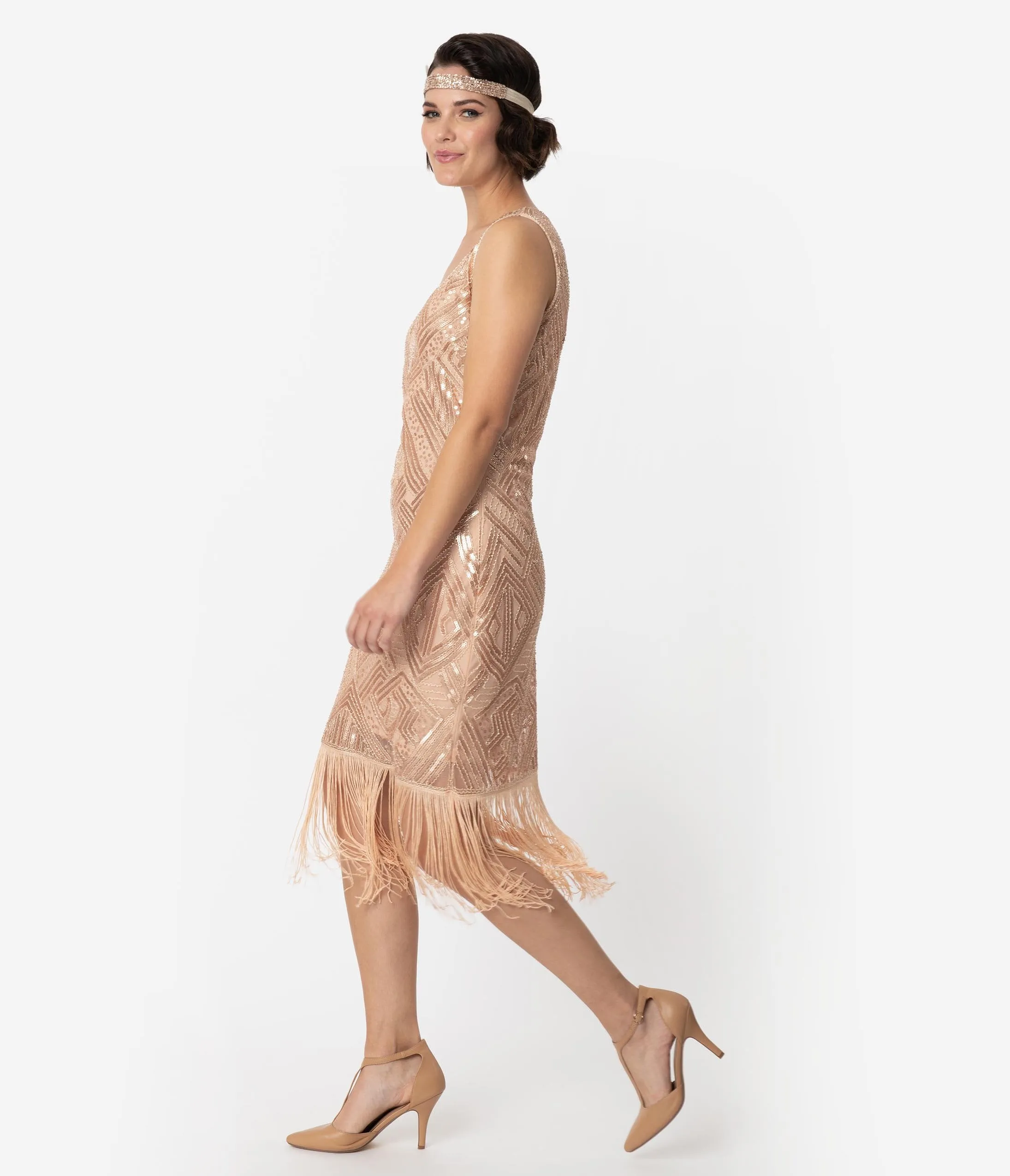 Unique Vintage 1920s Style Blush Pink Sequin Sleeveless Fringe Calais Flapper Dress