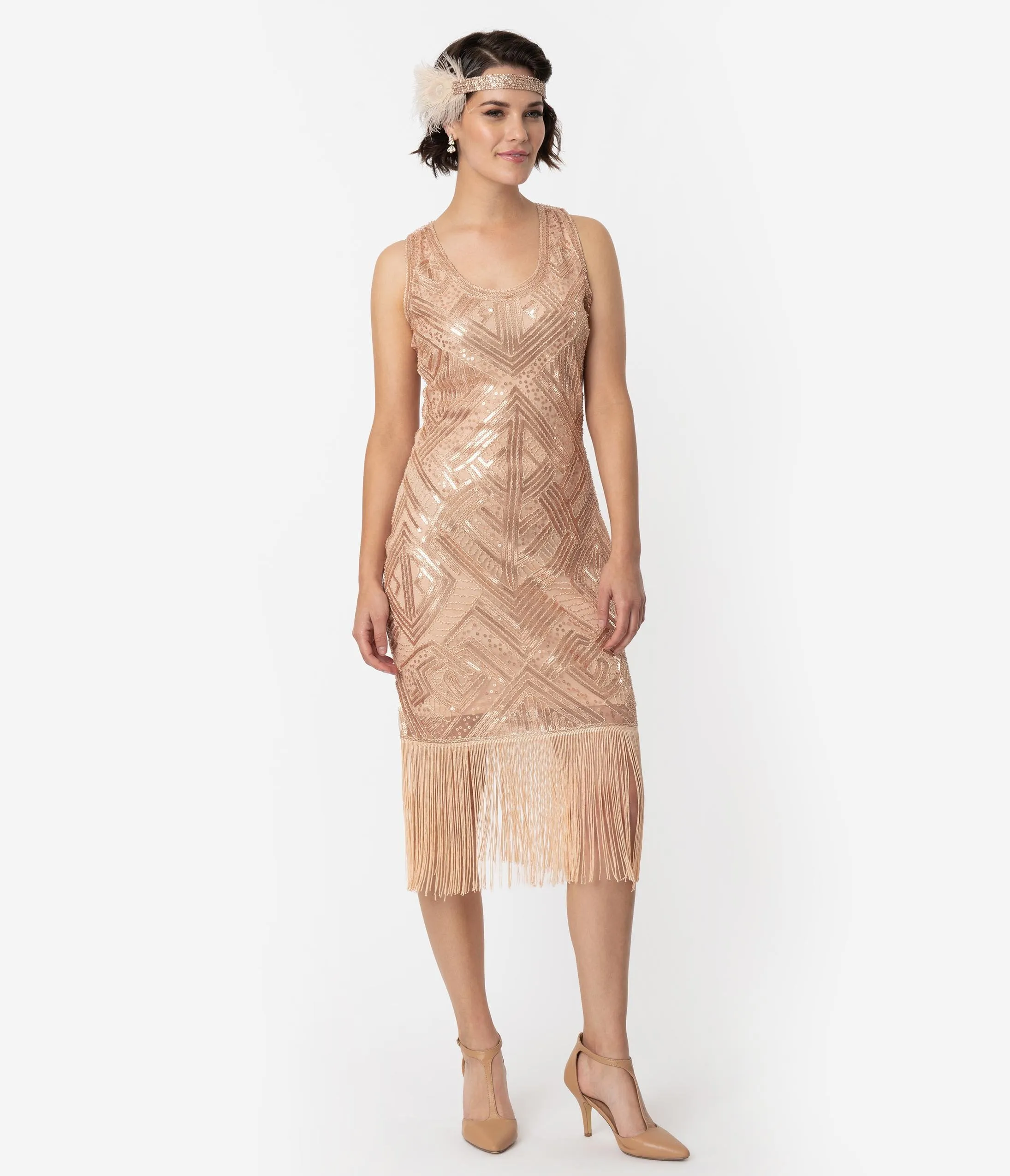 Unique Vintage 1920s Style Blush Pink Sequin Sleeveless Fringe Calais Flapper Dress