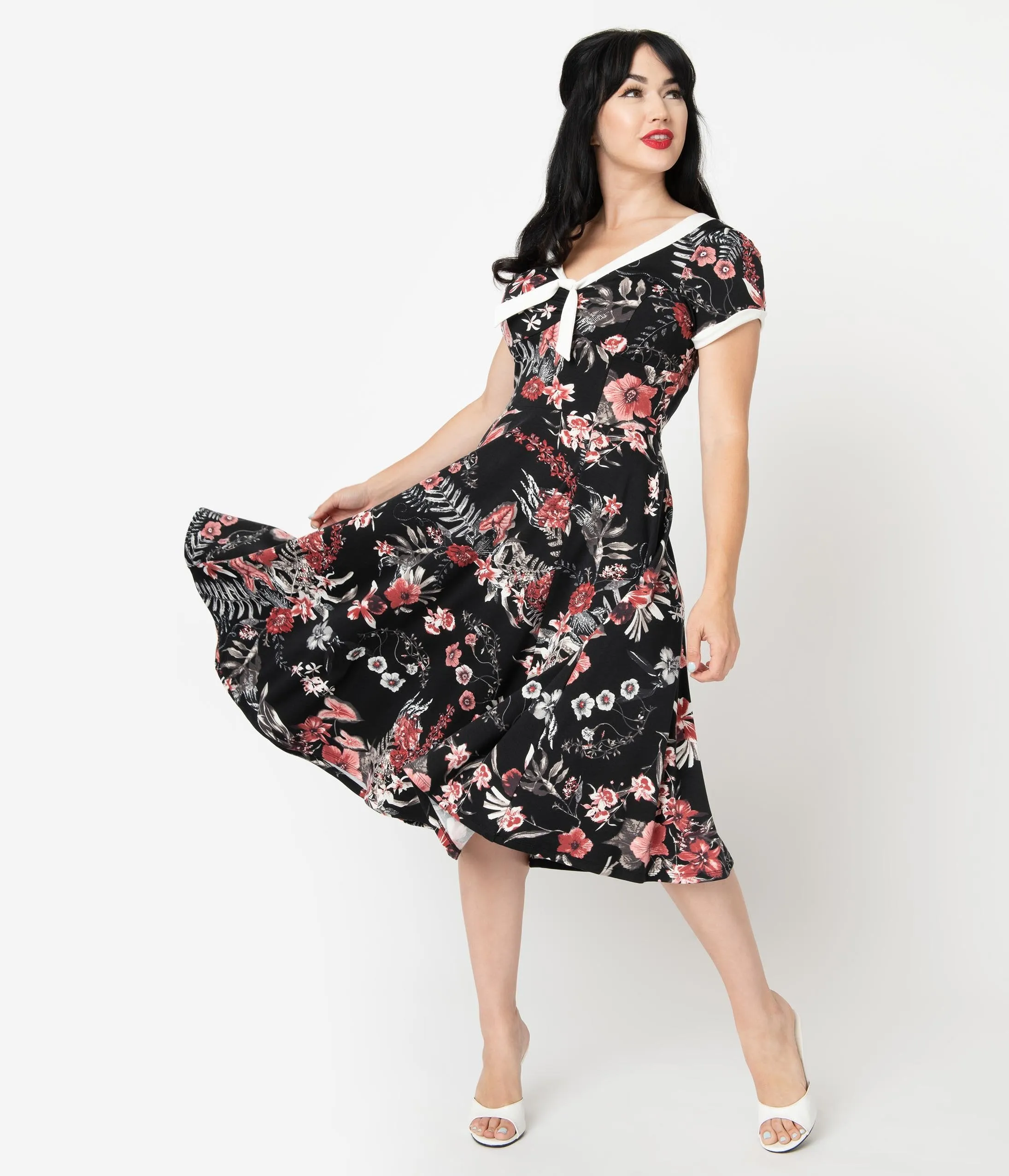 Unique Vintage 1940s Style Black & Red Floral Natalie Swing Dress