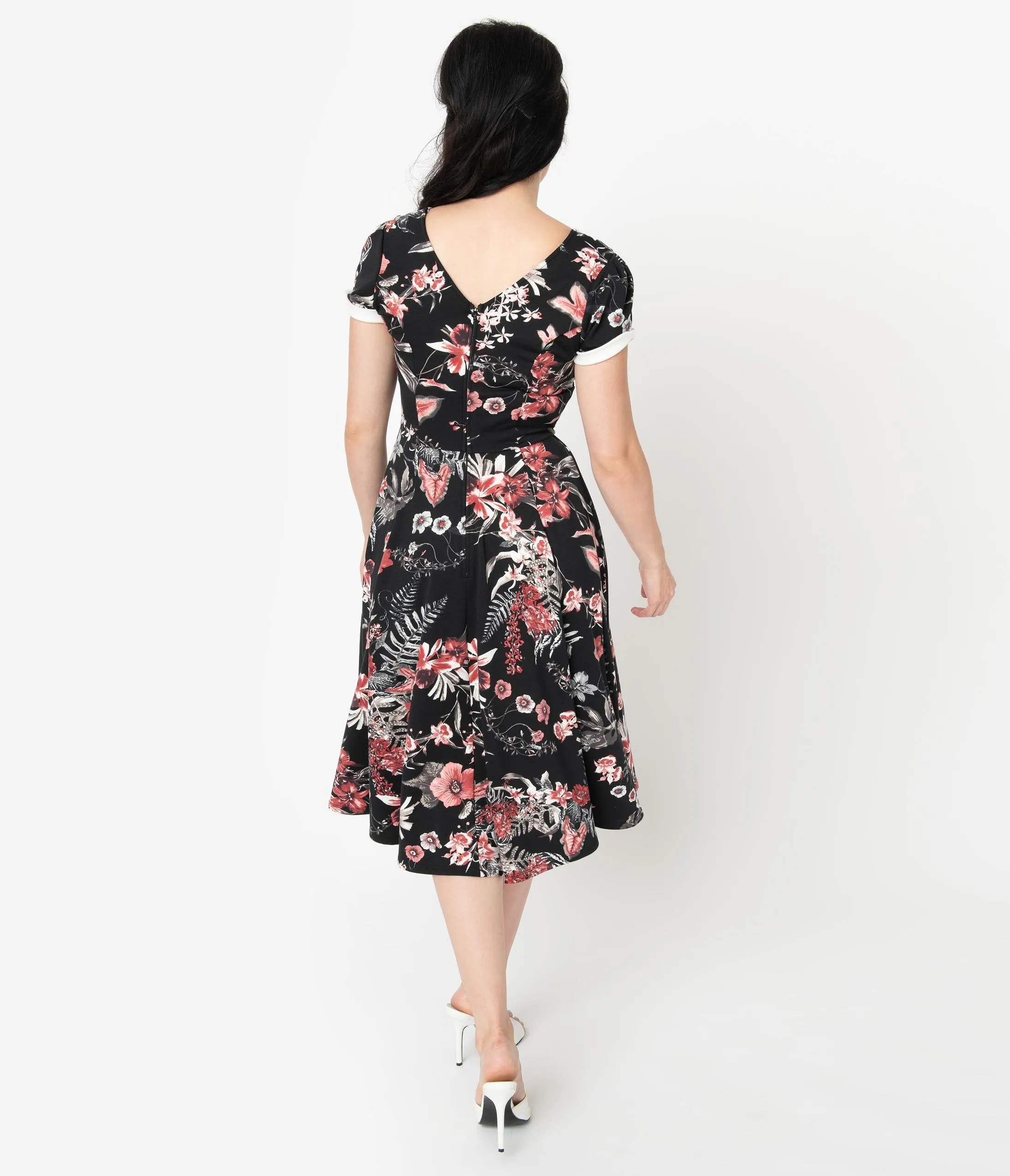 Unique Vintage 1940s Style Black & Red Floral Natalie Swing Dress