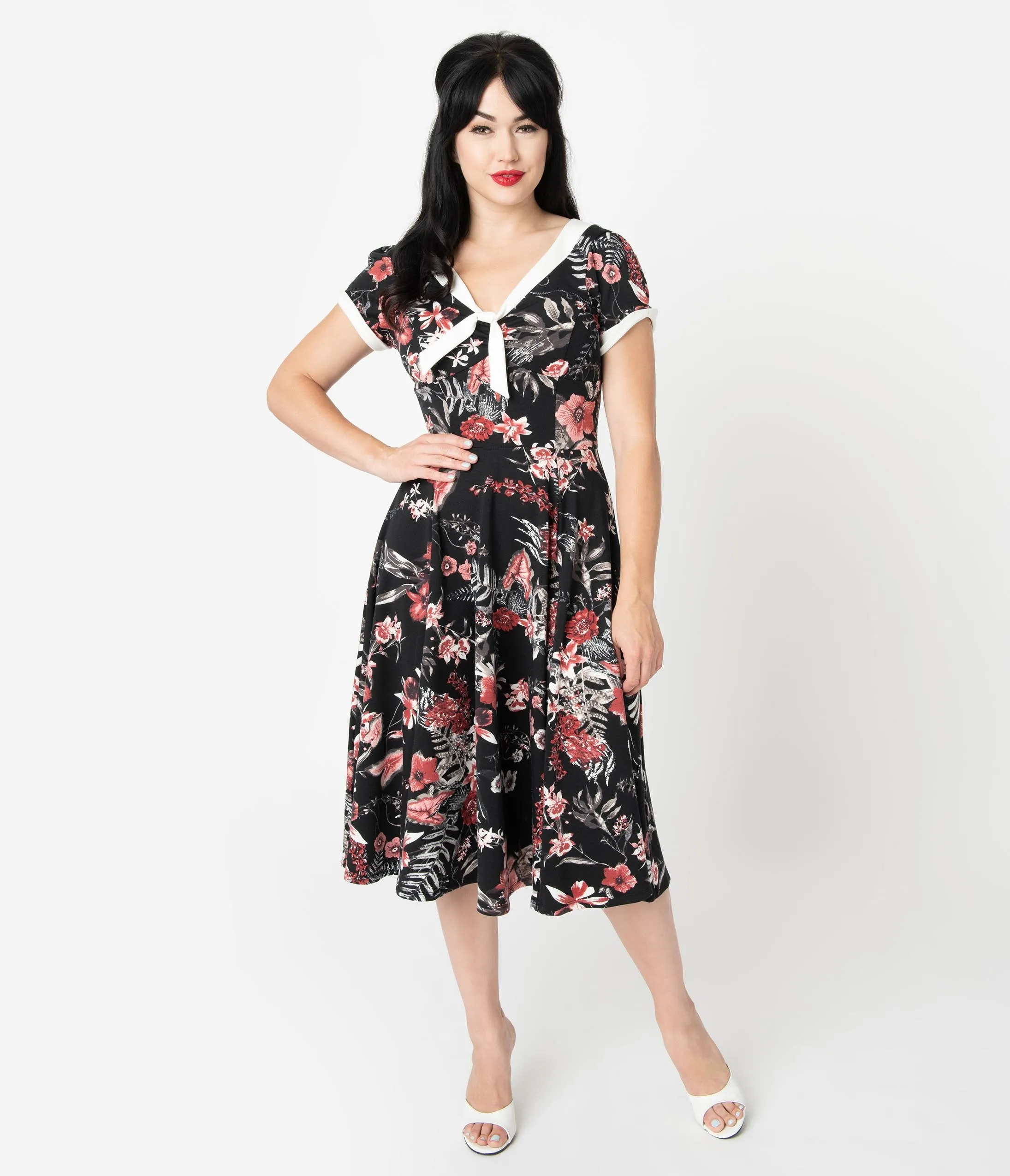 Unique Vintage 1940s Style Black & Red Floral Natalie Swing Dress