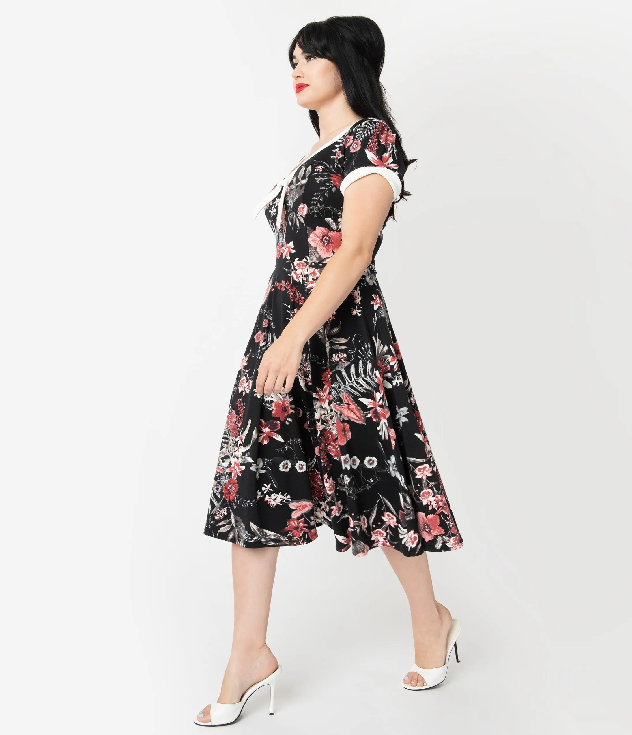 Unique Vintage 1940s Style Black & Red Floral Natalie Swing Dress