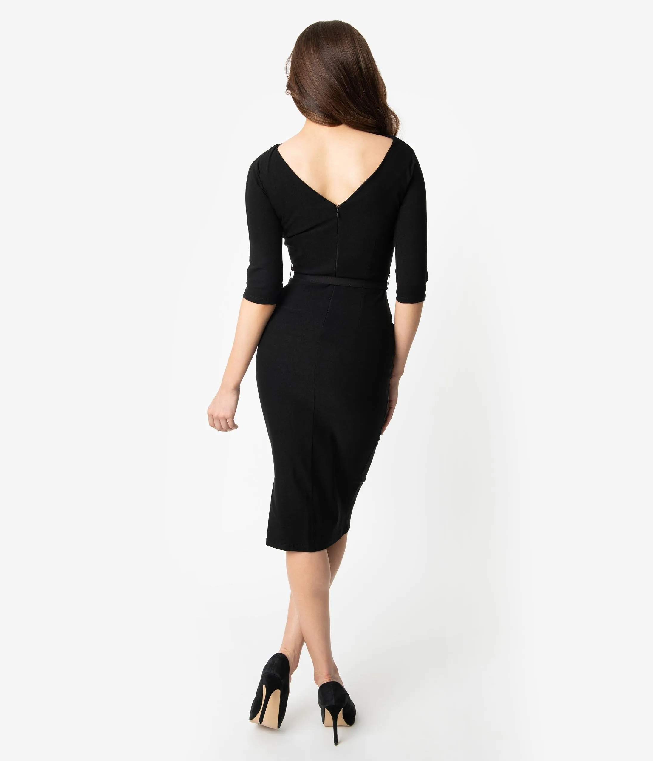 Unique Vintage 1940s Style Black Stretch Sleeved Adelia Wiggle Dress